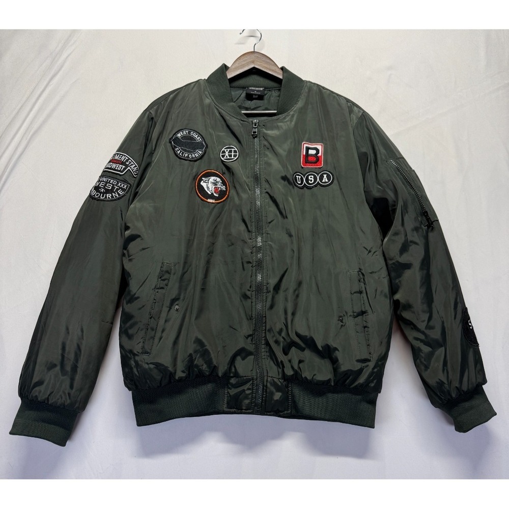 Original Deluxe Flight Bomber Jacket Mens Medium Olive Green Patch Logo Full Zip